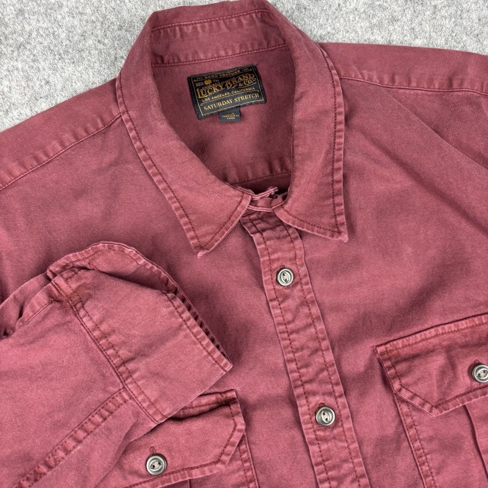 Lucky Brand Shirt Mens Large Burgundy Button Down Thick Cotton Saturday Stretch